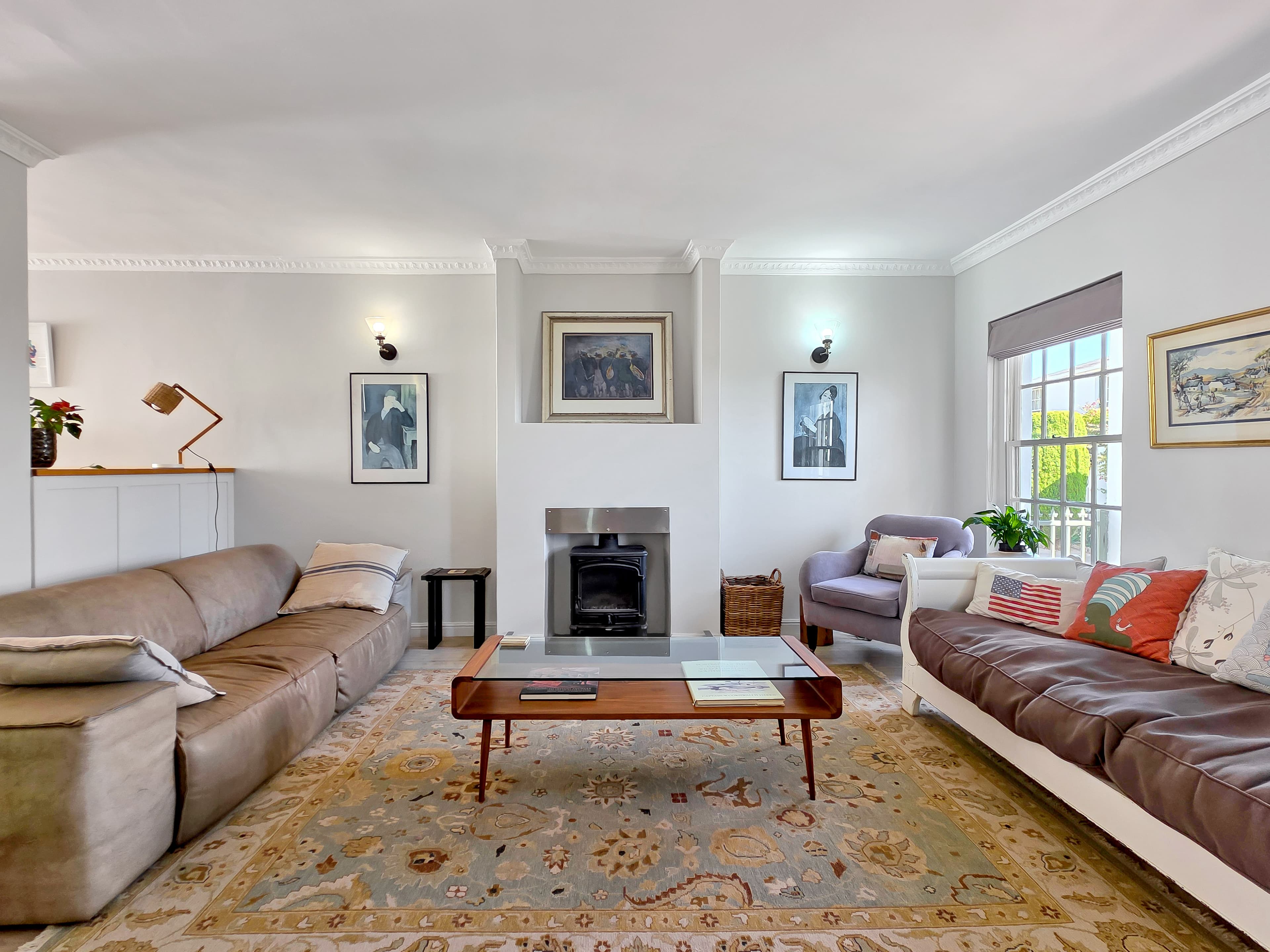 The spacious lounge and fireplace.